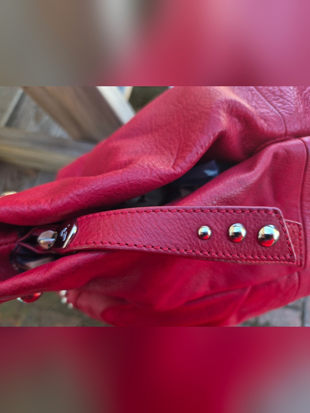 B. Makowsky Vintage Leather Studded Red Hobo Shoulder Bag - Picture 13 of 16